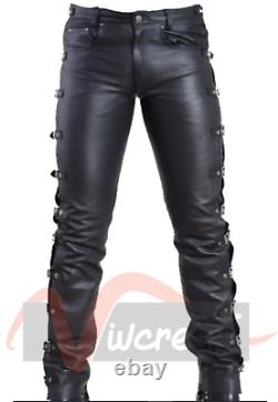 Mens Pure Leather Pants Black Trousers with Side Buckles Motorcycle Biker Pants