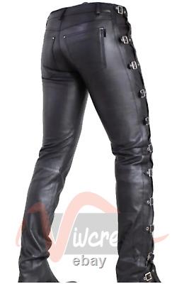 Mens Pure Leather Pants Black Trousers with Side Buckles Motorcycle Biker Pants