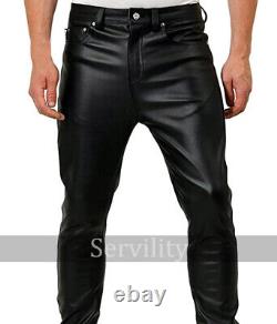 Mens Real Black Leather Pants Slim Fit Cowhide Leather Biker Trousers Jeans