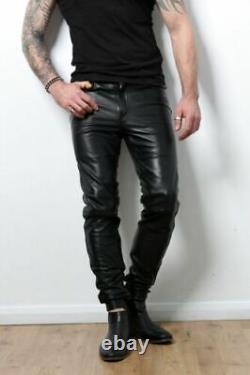 Mens Real Leather Biker Pants Black Leather Slim Fit Trousers