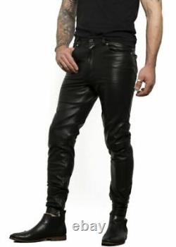 Mens Real Leather Biker Pants Black Leather Slim Fit Trousers