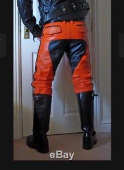 Mens Real Leather Orange Black Trousers Jeans Breeches Bluf 36w 33l