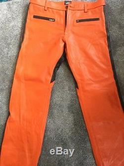 Mens Real Leather Orange Black Trousers Jeans Breeches Bluf 36w 33l