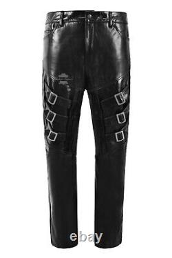 Mens Real Leather Pant Black Fitted GOTHIC ROCK PUNK BIKER Glaze Leather Trouser