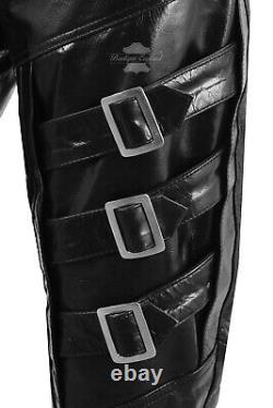 Mens Real Leather Pant Black Fitted GOTHIC ROCK PUNK BIKER Glaze Leather Trouser