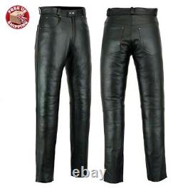 Mens Real Leather Pants Cowhide Jeans Style Bikers Trousers Slim Fit Simple Size