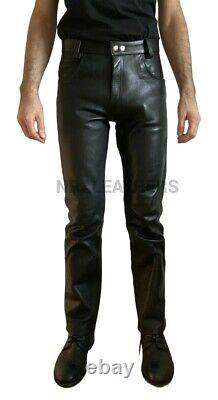 Mens Real Leather Pants Cowhide Jeans Style Bikers Trousers Slim Fit Simple Size