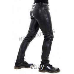 Mens Real Leather Pants Cowhide Jeans Style Bikers Trousers Slim Fit Simple Size