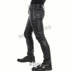 Mens Real Leather Pants Cowhide Jeans Style Bikers Trousers Slim Fit Simple Size