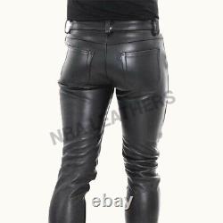 Mens Real Leather Pants Cowhide Jeans Style Bikers Trousers Slim Fit Simple Size