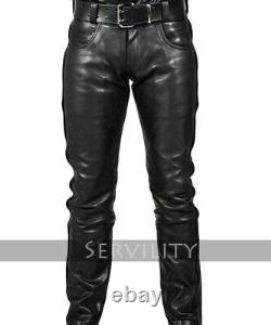 Mens Real Leather Pants Slim Fit Cowhide Leather Biker Trousers