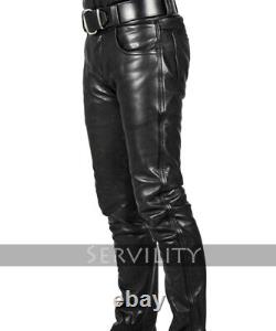 Mens Real Leather Pants Slim Fit Cowhide Leather Biker Trousers