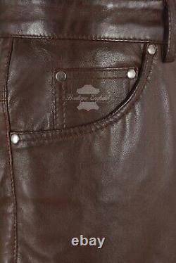 Mens Real Leather Trouser Motorcycle Brown Lambskin Leather Jeans Style Pant 501