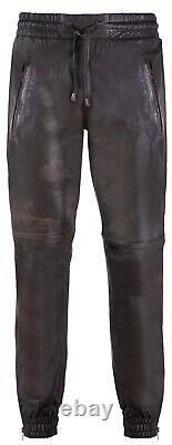 Mens Real Leather Trousers Black Vintage Napa Sweat Track Pants Jogging Bottom