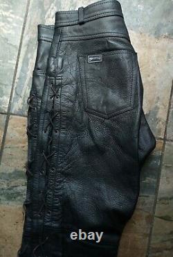 Mens Skintan Black Real Leather Side Laces Biker Trousers Size 36