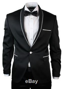 Mens Slim Fit Black Satin Dinner Tuxedo Suit White Shawl Collar Party Wedding