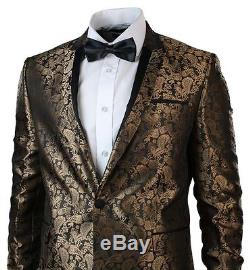 Mens Slim Fit Gold Black Paisley Suit Tuxedo Wedding Party Shiny