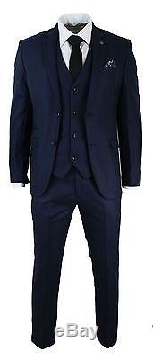 Mens Tailored Fit 3 Piece Blue Black Smart Formal Designer Suit Wedding Party