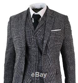 Mens Tailored Fit 3 Piece Grey Black Herringbone Tweed Vintage Retro Formal Suit