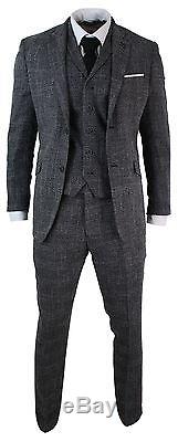 Mens Tailored Fit 3 Piece Grey Black Herringbone Tweed Vintage Retro Formal Suit