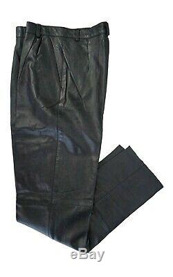 Mens black lambskin leather pants, pleated, size 32, open bottom