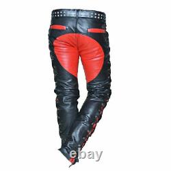 Mens new style pure cowhide front & side laces pants motorbiker trousers