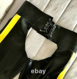 Mens rubber full length chaps with yellow stripe, 30/32 waist, 30 leg