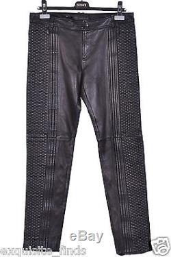 NEW VERSACE 3-D EMBROIDERED QUILTED BLACK LEATHER PANTS size M