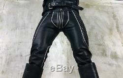 New Genuine Leather BIKER SADDLE PANT BLACK White Pants Trouser jeans Mens Gay