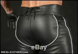 New Genuine Leather Chap Pants White Piping Trouser Lace back Jeans Kink Fetish