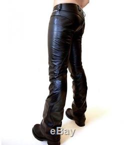 New Genuine Leather Low Rise Pants Zipper Front Through Crotch Moto Style Biker