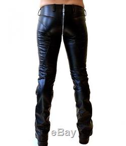 New Genuine Leather Low Rise Pants Zipper Front Through Crotch Moto ...