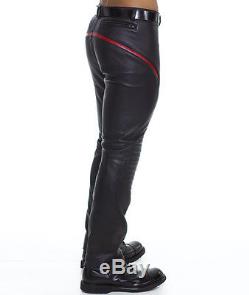 New Genuine Leather Male Pants with Piping Stripe Red Black Quilted Knee trouser