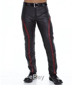 New Genuine Leather Male Pants with Piping Stripe Red Black Quilted Knee trouser