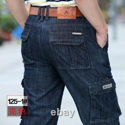 New Men Multi-pocket Cargo Jeans Straight Loose Denim Pants Trousers Big Size