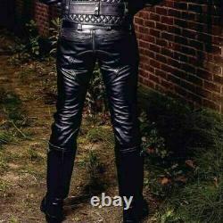 New Men's Black Double Zipped Gay Leather Pants Real Genuine Lambskin Leather