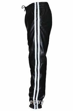 New Mens Jogging Bottom Trousers Black White Stripes Napa Leather Sweat Track