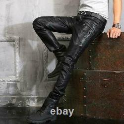 New Sell Men's Slim Fit Leather Motorcycle Pants Zipper Trousers Faux Leather sz