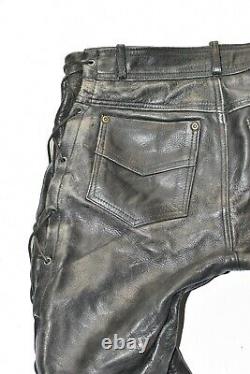 PESCKLS Lace Up Men's Leather Biker Motorcycle Black Trousers Size W33 L30