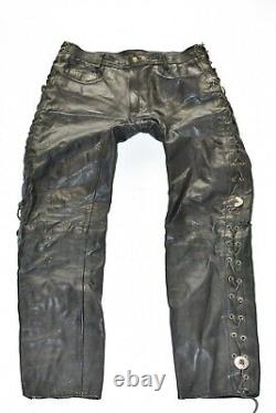 POLO Lace Up Men's Leather Biker Motorcycle Black Trousers Pants Size W34 L32