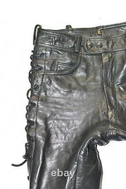 POLO Men's Leather Lace Up Biker Motorcycle Black Trousers Pants Size W28 L33