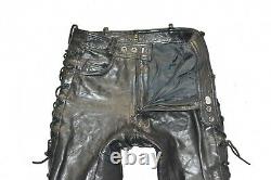POLO Men's Leather Lace Up Biker Motorcycle Black Trousers Pants Size W28 L33