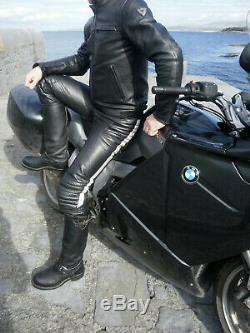 Police Black Leather Motorcycle Breeches Kombihose, Motorrad BLUF Cop Uniform