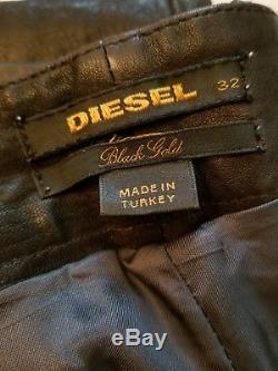 Pre-Owned Diesel Mens Black Gold Leather Chocolate Brown Lambskin Pants Size 32