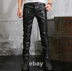 Punk Rock Mens PU Leather Motorcycle Slim Fit Pants Casual Trousers Black Pants