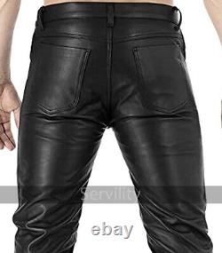 Real Black Leather Slim Fit Biker Pants/Trousers For Men