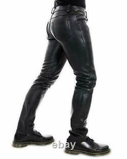Real Leather Biker Pants Classis Casual Black Slim Fit Trousers For Men