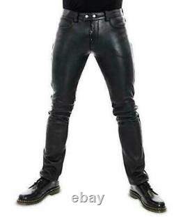 Real Leather Biker Pants Classis Casual Black Slim Fit Trousers For Men