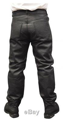 Redline Mens Classic Black Easy Fit Leather Motorcycle Fully Lined Pants M-1500