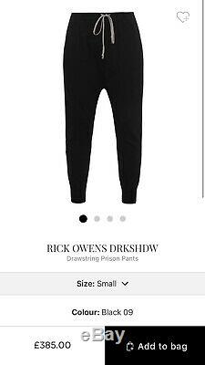 Rick Owens DRKSHDW Drawstring Prison Jogging Black Pants Size Small RRP £385